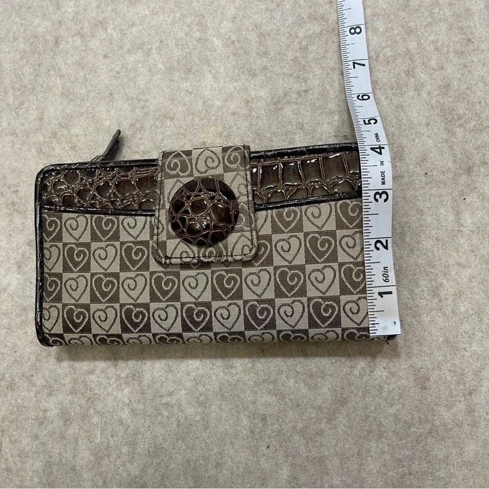 Y2K 2000’s Long Checkbook Zip Snap Wallet Brown Checker Heart Print Faux Croc